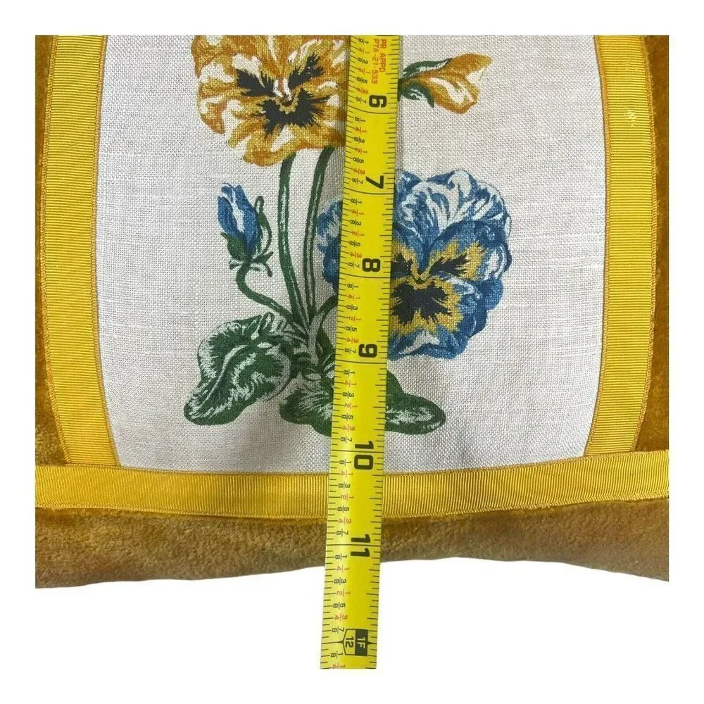 Vintage Handmade Pansy Panel MCM Retro Cottagecore Gold Yellow Pillow 11” Square